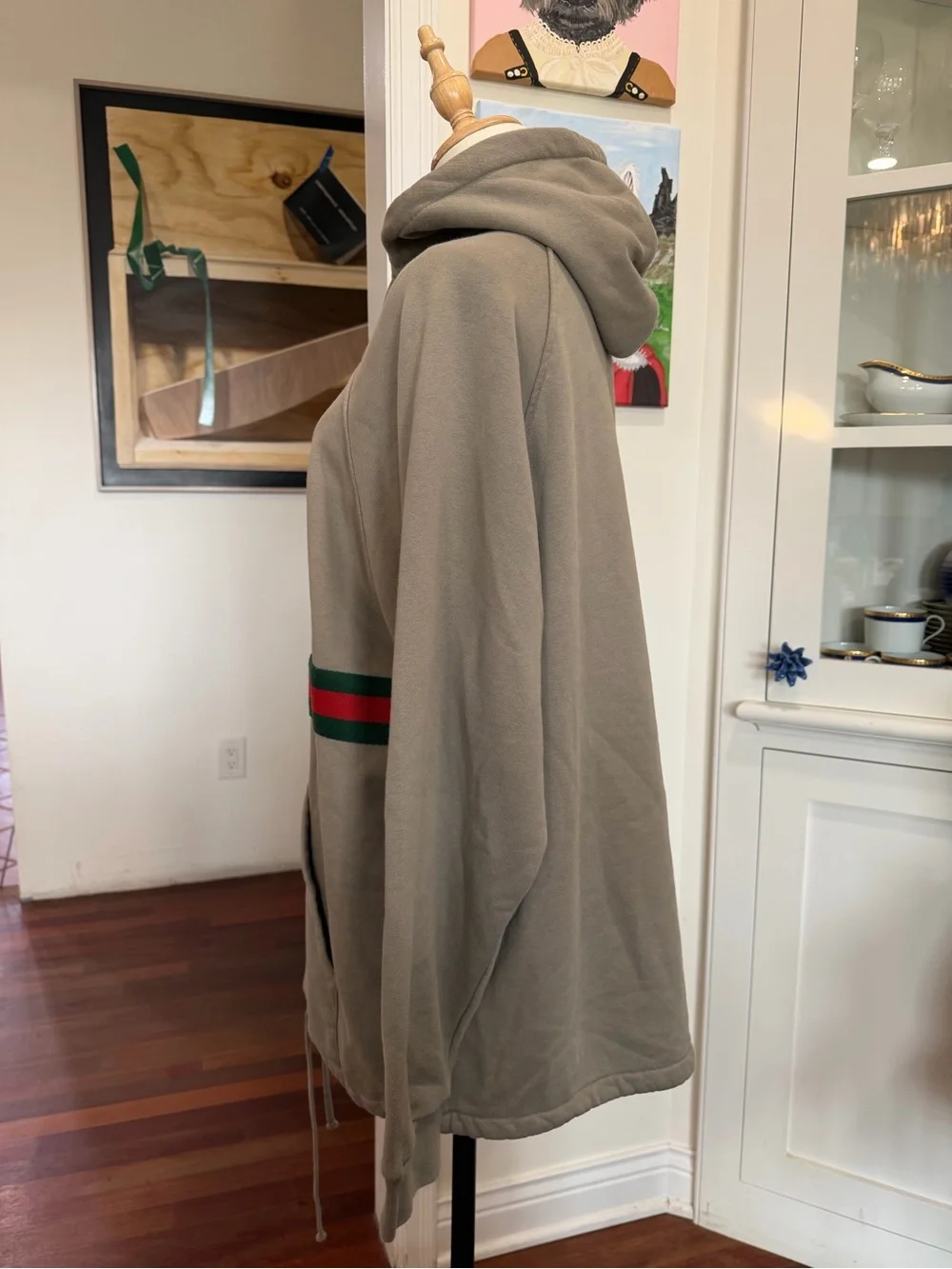 Gucci Taupe Crewneck Hoodie with Green-Red Stripe